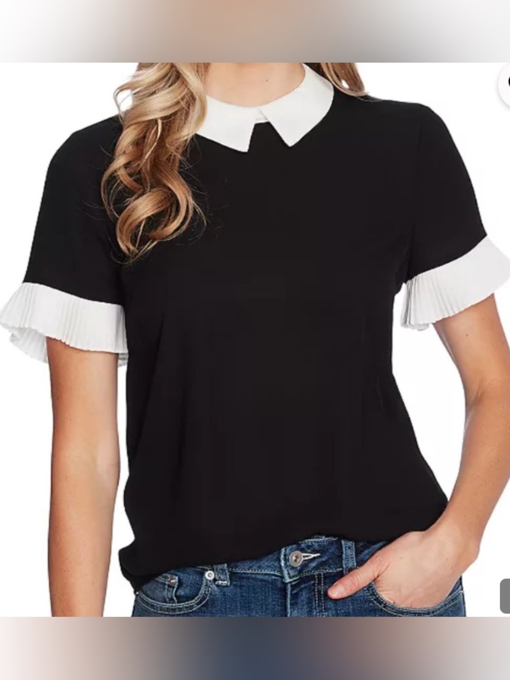 CeCe White Pleated Collar Short Sleeve Blouse, size Large